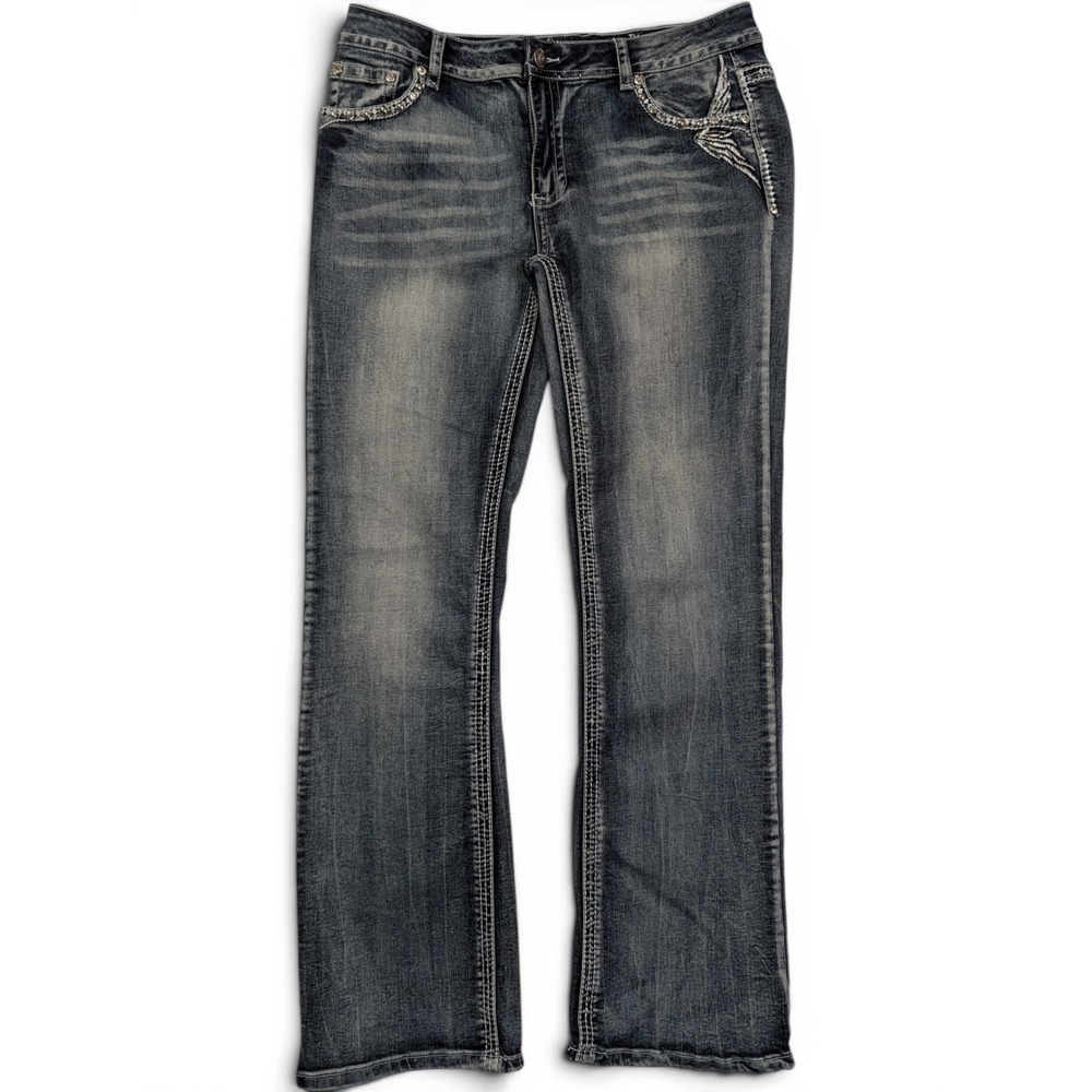 Platinum Plush Womens Bootcut Jeans 13 Skull Wing Embellished Blue 4013